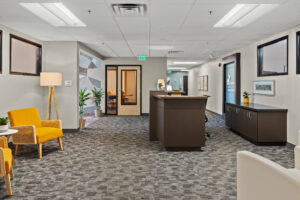 room with brown reception desk